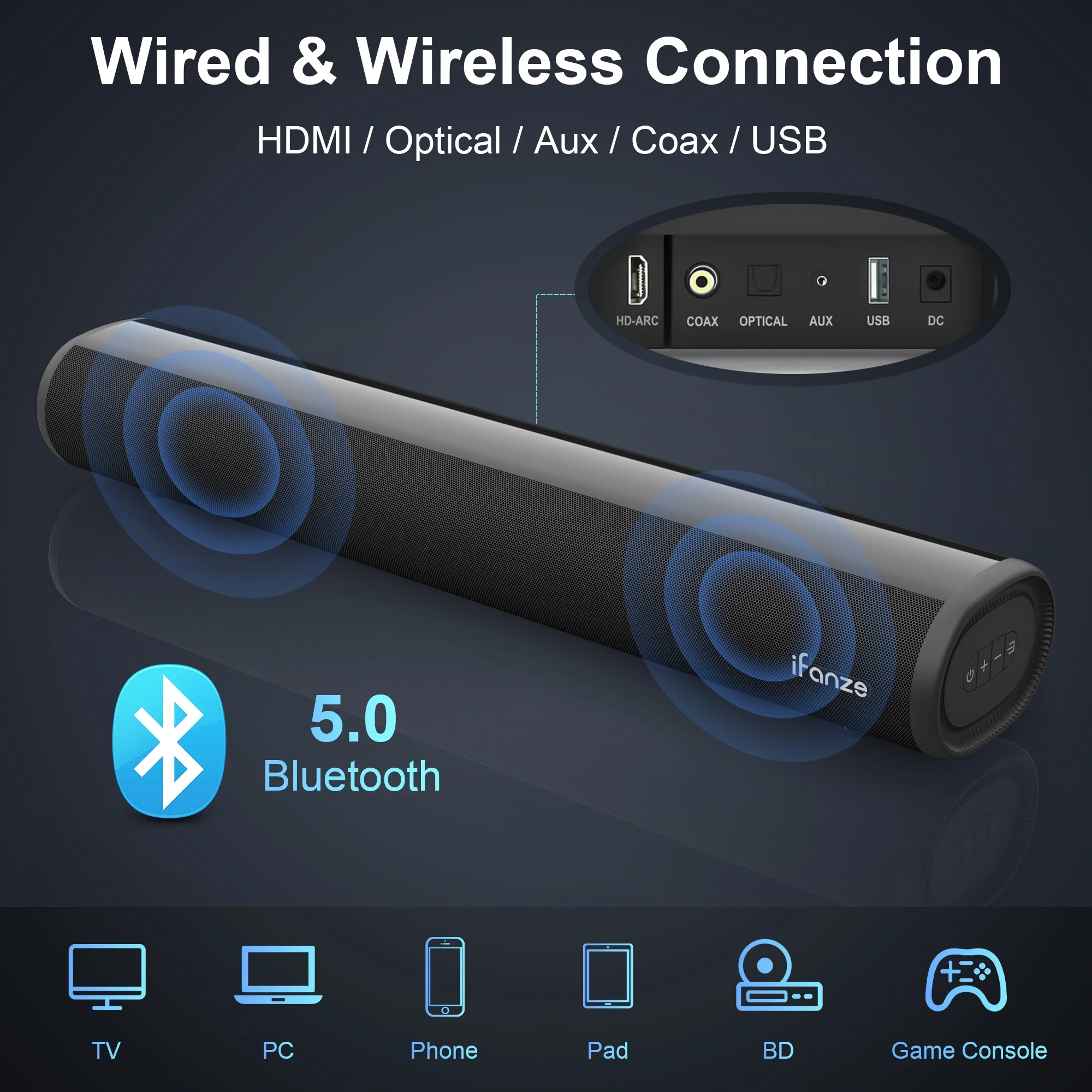 Sound Bar for TV, Bluetooth 5.0/HDMI-ARC/Optical/AUX/Coaxial/USB Wired & Wireless Connection Soundbar, Surround Sound System Smart TV Sound Bar with Built-in Subwoofers, Remote Control - Image 4