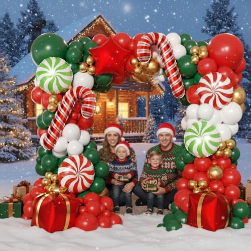 165Pcs Christmas Balloon Arch Garland Kit with Xmas Red White Green Gold Latex Balloons Gift Box Candy Cane Star Foil Balloons Arch Kit for Christmas New Year Party Birthday Party Decorations - Image 19